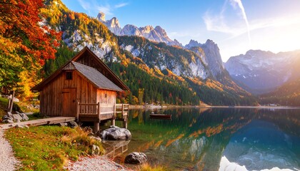 A wooden boathouse nestled on the serene shores of a mountain lake, bathed in the golden light of autumn.