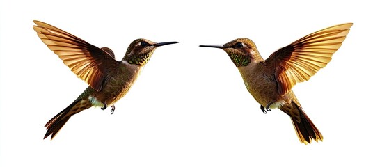 Obraz premium Two Hummingbirds Facing Each Other in Mid-Flight on a Clean White Background Scene