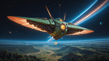 Obraz premium A large forest-patterned UFO in space