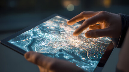 A person interacts with a digital map on a tablet at night with a cityscape glowing in the background.