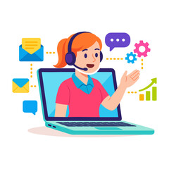 Customer Service Representative Using Computer for Support and Communication Modern Vector Style