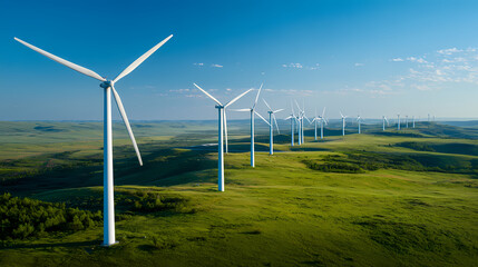 Wind turbines standing in a vast green landscape under a clear blue sky with rolling hills in the background