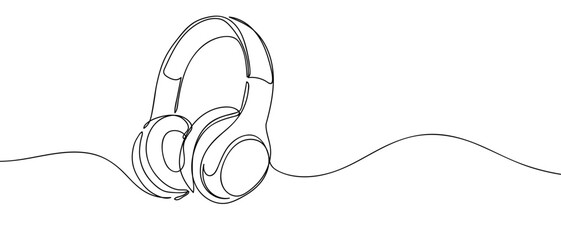 Over-ear headphones floating in the air. Continuous line art vector illustration. Editable stroke.