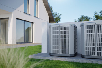 Air heat pumps beside house, 3D illustration