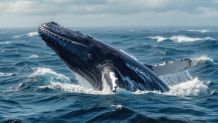 Naklejka premium Whale breaching ocean waves