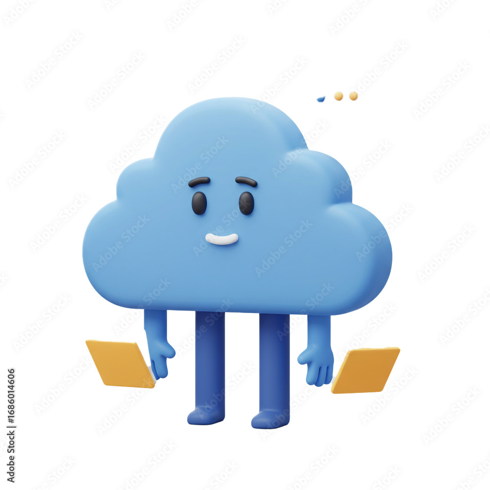 Poster a cheerful cartoon cloud character with arms and legs holds two tablet devices, representing digital