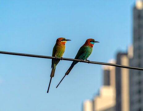 Two colorful birds perched on a wire against a blue sky - Powered by Adobe