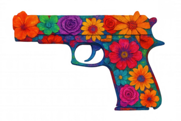 Handgun covered with colorful flowers symbolizing peace and non-violence, isolated on transparent background