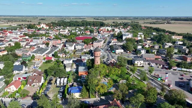 Aerial Strzelno Poland water tower historic tilt 2. Central north Poland. German occupation World War II. Farm rural area. Historical trade and religious center. Historic buildings rural village.