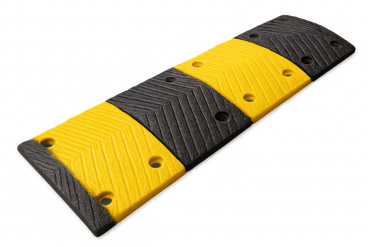Yellow and black speed bump slowing down traffic on transparent background