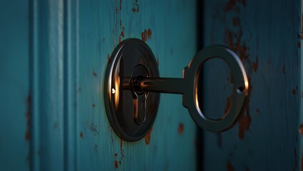 Vintage Keyhole and Key on Blue Metal Door - Security and Access Concept