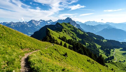 Fototapeta premium A scenic mountain path winds through lush, green meadows, leading to a vast panorama of distant peaks under a vibrant blue sky.