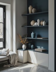 Modern furniture showroom featuring stylish storage and decorative display pieces
