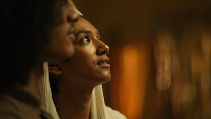 Pensive Young Woman Looking Up in Soft Light