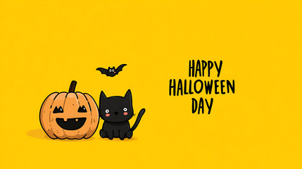 Cute black cat with a carved pumpkin and bat on a bright yellow background celebrating Halloween