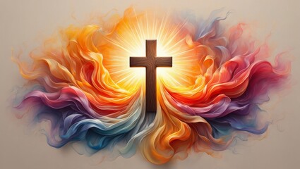 Abstract Religious Art: Wooden Cross Surrounded by Colorful Waves of Light and Energy