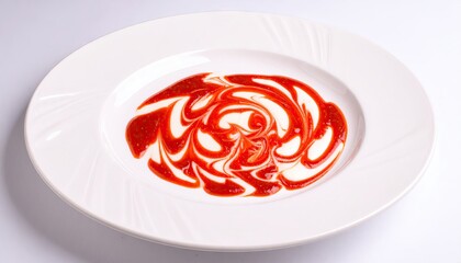 Abstract Red And White Sauce Swirls On A Smooth White Porcelain Plate