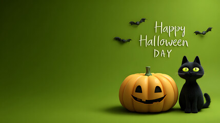 A cheerful black cat beside a carved pumpkin on a vibrant green background celebrating Halloween