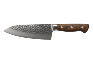 Santoku knife with hammered blade and wooden handle on transparent background