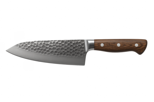 Santoku knife with hammered blade and wooden handle on transparent background