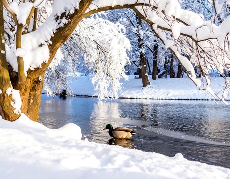 Snowy park scene with duck - Powered by Adobe