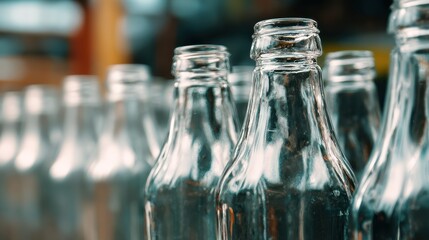 Focus on reusable glass bottles with defocused setting emphasizing sustainable packaging designed for multiple uses and reduced waste in everyday products.