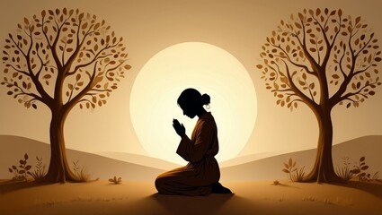 Silhouette of a Woman Praying with Trees and Sunset