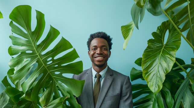Homem de terno em meio a plantas
