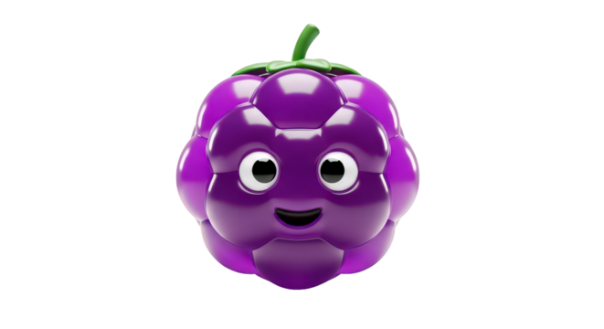Cute purple grape character with a happy face, isolated on transparent background 3d fruit illustration