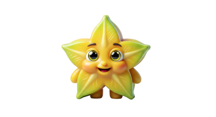 Cute cartoon star fruit character with a happy face isolated on transparent background 3d fruit illustration