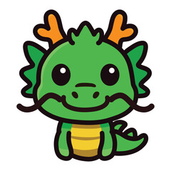 Cute Cartoon Green Dragon Mascot with Horns and Big Eyes