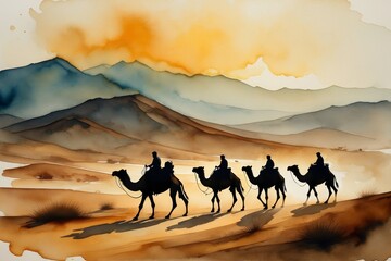 Watercolor Illustration of Camel Caravan Journey in Desert Landscape