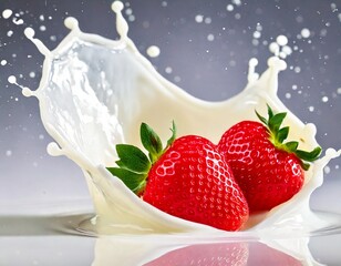  Fresh strawberries splashing into creamy milk 