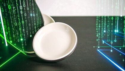 Empty white plate on dark surface with digital binary code overlay