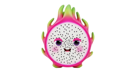 Cute cartoon dragon fruit character with a happy face, isolated on transparent background 3d fruit illustration
