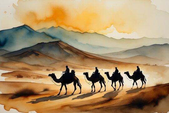 Watercolor Illustration of Camel Caravan Journey in Desert Landscape