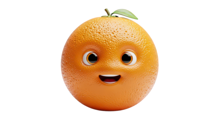 A cute, happy cartoon orange character with big eyes and a smile, isolated on a transparent background 3d fruit illustration