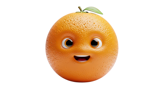 A cute, happy cartoon orange character with big eyes and a smile, isolated on a transparent background 3d fruit illustration