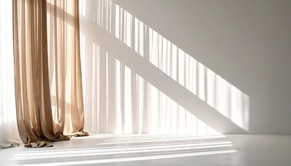Obraz premium Beige Sheer Curtains with Sunlight Stripes on White Wall