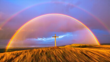 Cross on Hilltop with Double Rainbow - Symbol of Faith and Hope