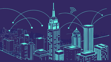 Fototapeta premium Smart City Skyline Network Connection and Urban Development Illustration.