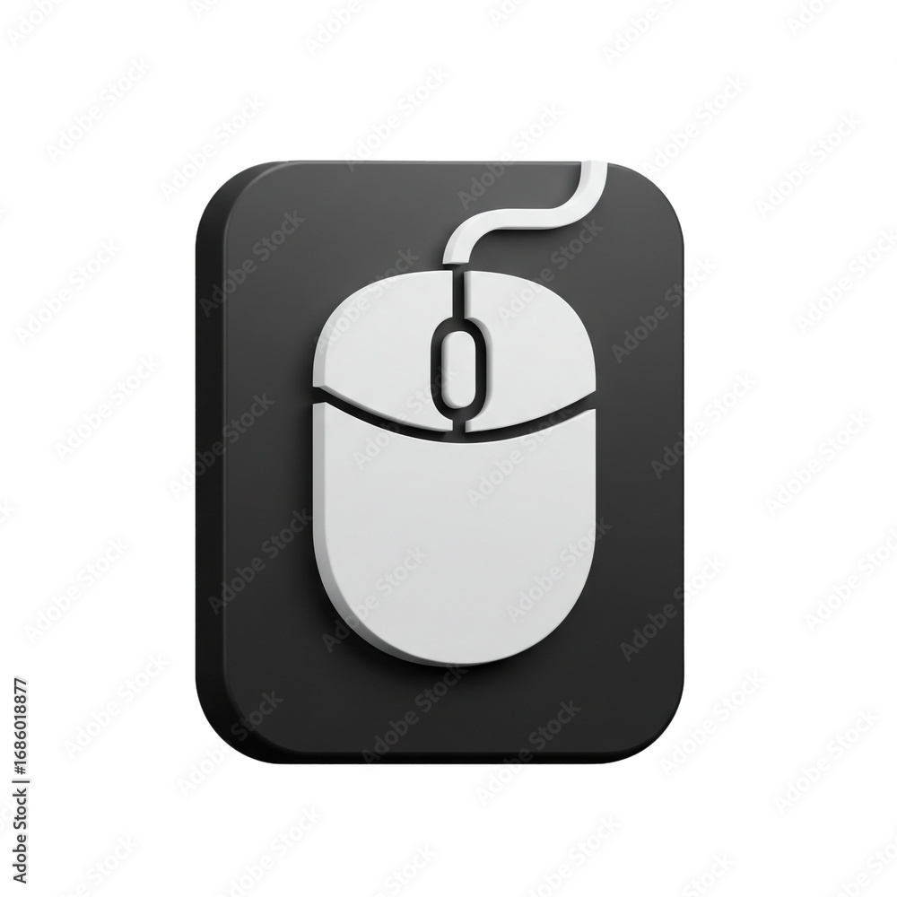 Poster a stylized computer mouse icon, rendered with a three-dimensional effect, suggesting modern technolo