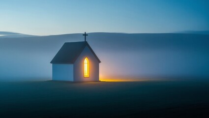 Isolated Church in Misty Landscape at Dawn
