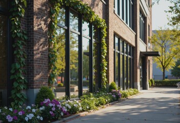 Office building exterior facade adorned with spring flowers and natural lighting