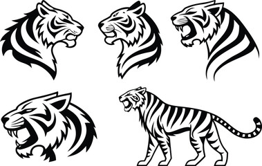 Monochrome Tiger Head and Body Outlines Roaring and Standing in Various Poses for Tattoos and Designs