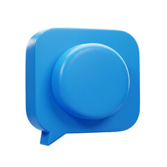 A three-dimensional rendering showcases a vibrant blue speech bubble with a prominent circular element, suggesting communication and dialogue.