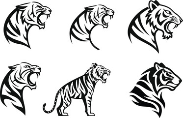 Striking Black and White Tiger Illustrations Depicting Ferocious Felines in Various Poses and Artistic Designs