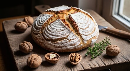 Artisanal Walnut Boule Loaf with a Cracked Crust in Farmhouse Light