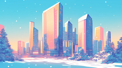 Fototapeta premium 冬の摩天楼を舞台に、降り積もる雪と澄んだ空気が都会の静けさを演出する幻想的なイラスト。カラフルな高層ビル群が雪化粧を纏い、冬景色と都市の近未来的な雰囲気が調和する美しい構図。