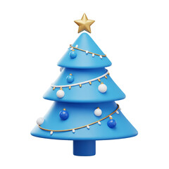 A festive, stylized Christmas tree with blue hues, adorned with ornaments, lights, and a golden star, perfect for holiday celebrations.